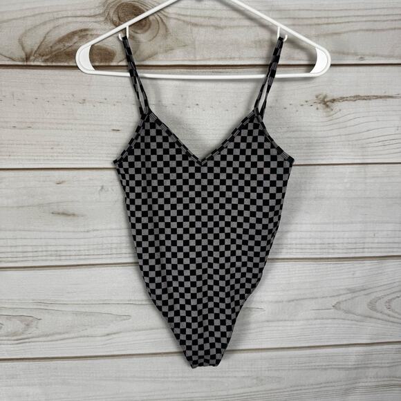 Forever 21 Black & Gray Checkered Sleeveless Thong Bodysuit Size Small - Picture 1 of 7